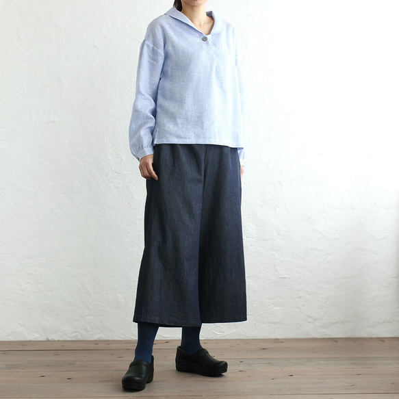 柔軟的棉質薄牛仔布闊腿褲寬鬆尺寸的高喬褲 第3張的照片