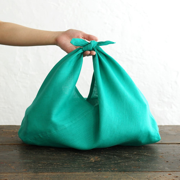 alinのあづま袋 M 50cm かごバッグに リネンあずま袋 マチ付き  （ピーコックグリーン）. 2枚目の画像