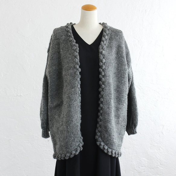 [2 個尺寸] 保暖 100% 羊毛手工針織開襟衫 爆米花針織套（灰色） 第7張的照片