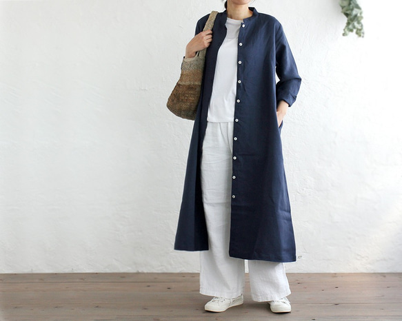 亞麻立領襯衫式連衣裙2way Haori（海軍） 第1張的照片