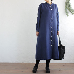 亞麻立領襯衫式連衣裙2way Haori（海軍） 第3張的照片