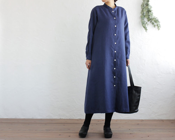 亞麻立領襯衫式連衣裙2way Haori（海軍） 第3張的照片