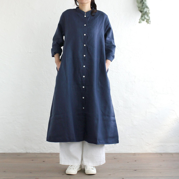 亞麻立領襯衫式連衣裙2way Haori（海軍） 第2張的照片