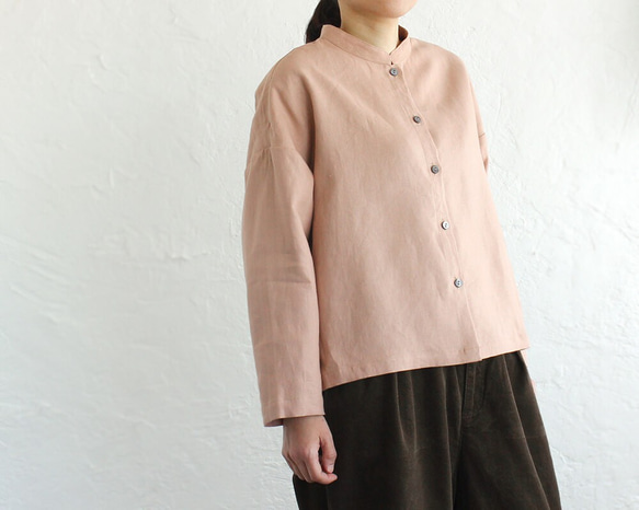 厚手リネン スタンドカラーブラウス ショート丈バンドカラーシャツ  