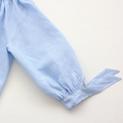 《限定1》亞麻袖絲帶繭套頭長袖襯衫（方格布式/藍色） 第8張的照片