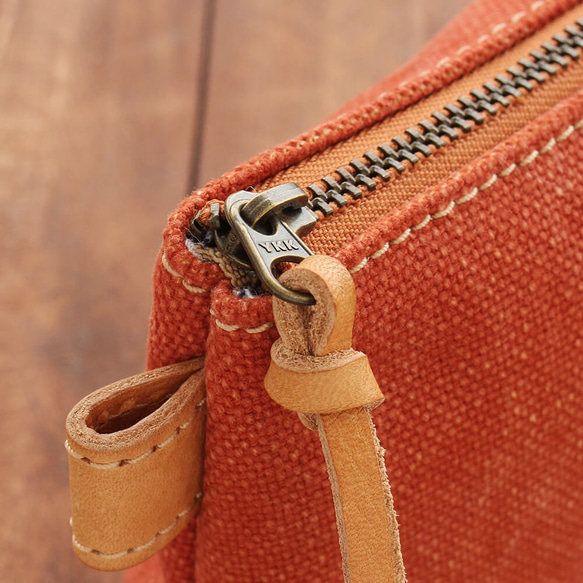 帆布和皮革多功能手拿包，內有亞麻內袋（橙色） 第3張的照片