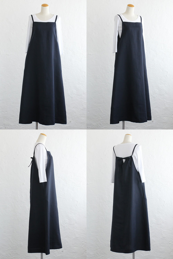 亞麻桌布風格背帶裙 可調節長度，背面飾有緞帶（海軍藍）SK03。 第6張的照片