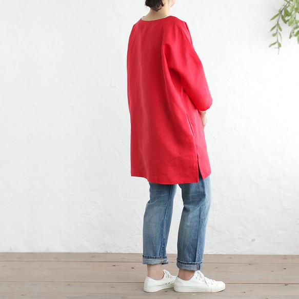 亞麻簡單束腰船領套頭衫（紅色） 第3張的照片