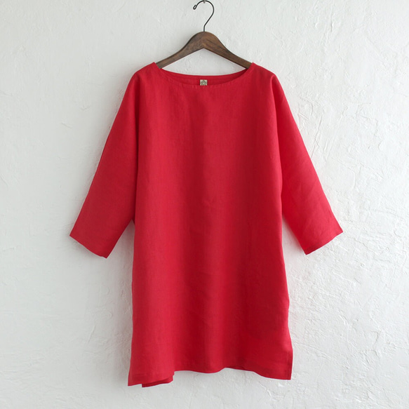 亞麻簡單束腰船領套頭衫（紅色） 第4張的照片