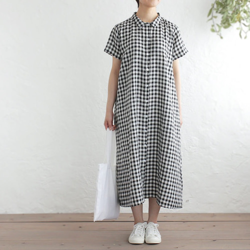 MARGARET HOWELL チェック柄 リネン半袖シャツワンピース MARGARET HOWELL（マーガレットハウエル） KITCHEN CHECK LINEN