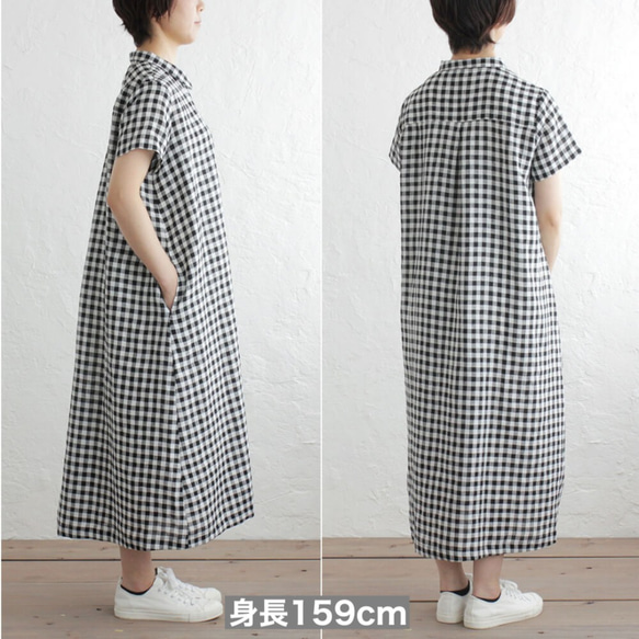 夏季外罩亞麻 2way 短袖襯衫連衣裙（方格格/黑色） TP04 第4張的照片