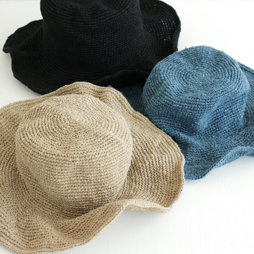 草木染リネン クロシェニットハット ワイヤー入りつば広帽子