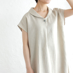 亞麻披肩領連衣裙寬鬆A字（自然米色）OP06。 第4張的照片