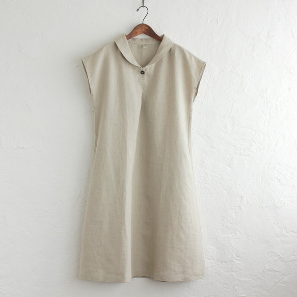 亞麻披肩領連衣裙寬鬆A字（自然米色）OP06。 第5張的照片