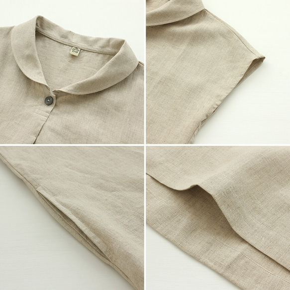 亞麻披肩領連衣裙寬鬆A字（自然米色）OP06。 第8張的照片