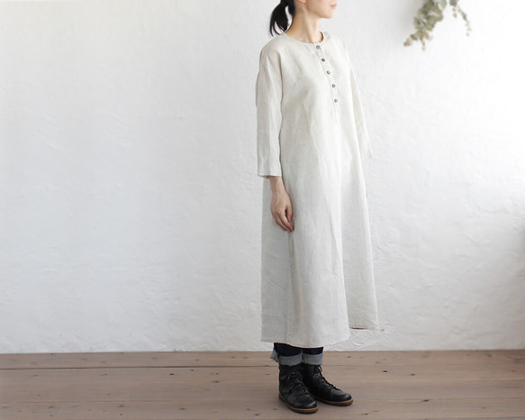 亞麻 Kurta 風格連衣裙（自然米色） 第1張的照片