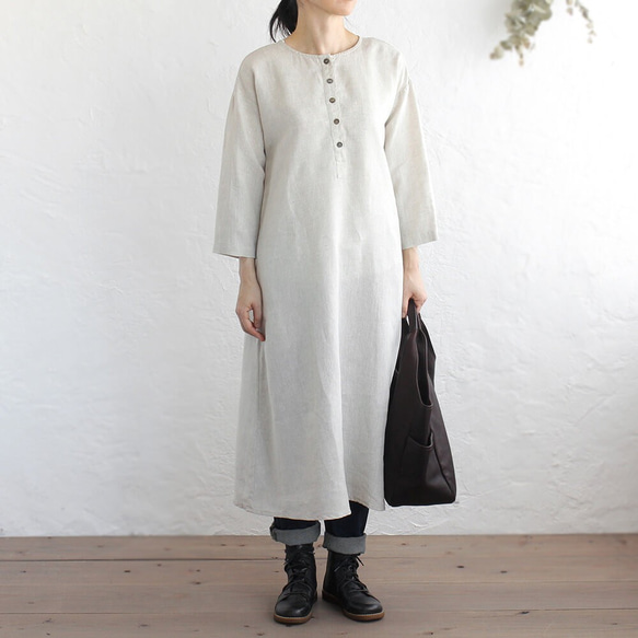 亞麻 Kurta 風格連衣裙（自然米色） 第2張的照片