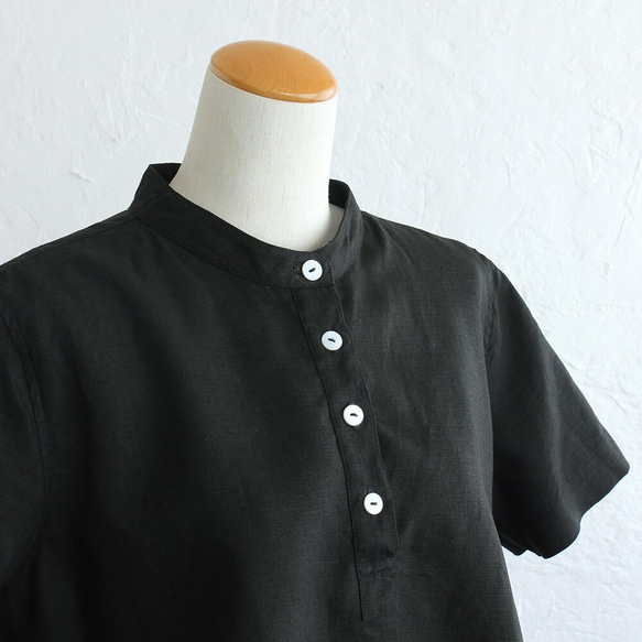 リネン バンドカラー プルオーバーシャツ （ブラック） TP04 5枚目の画像