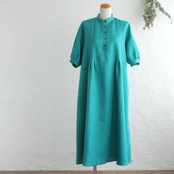 亞麻燈籠袖褶襉寬裙（綠松石色） 第2張的照片