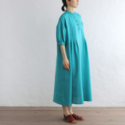 亞麻燈籠袖褶襉寬裙（綠松石色） 第3張的照片