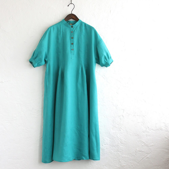 亞麻燈籠袖褶襉寬裙（綠松石色） 第8張的照片