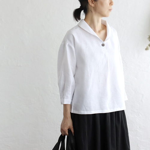 春夏秋に大活躍＊リネン ショールカラー 七分袖プルオーバーブラウス  