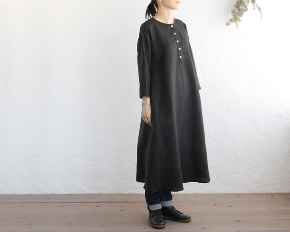 リネン クルタ風 ワンピース （ブラック）OP09. ワンピース alin