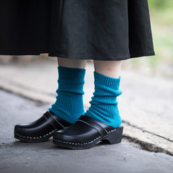 天然素材で快適 厚手リブ編みソックス 　サステナブルなリサイクルコットン靴下 （ターコイズ）. 1枚目の画像