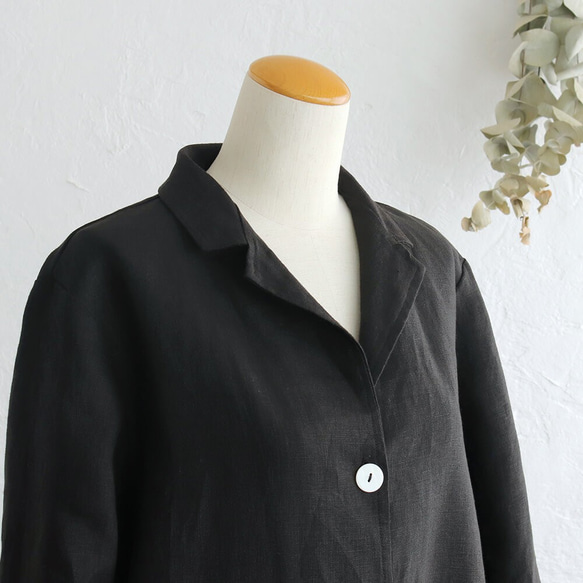 リネン テーラードカラー ショップコート 羽織り （ブラック） CO04. 5枚目の画像