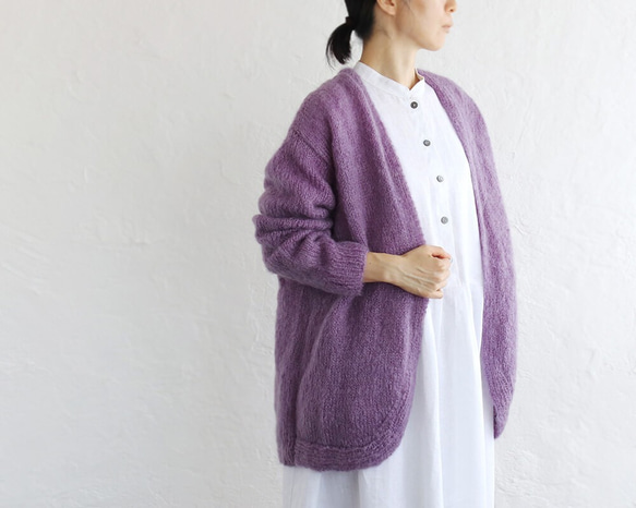 柔軟手工編織馬海毛針織外罩開衫（紫色） 第1張的照片