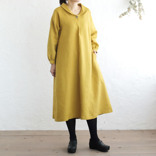 リネン ショールカラー 長袖ワンピース ゆったりAライン （ディープ