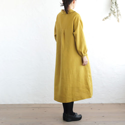 亞麻披肩領長袖連衣裙寬鬆A字線（深黃）OP07 第4張的照片