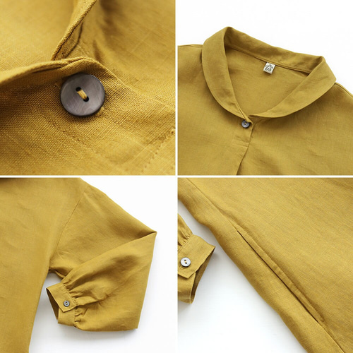 リネン ショールカラー 長袖ワンピース ゆったりAライン （ディープ