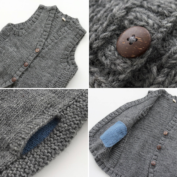 羊毛100%　手編みウールニット ボタンベスト （グレー） 7枚目の画像