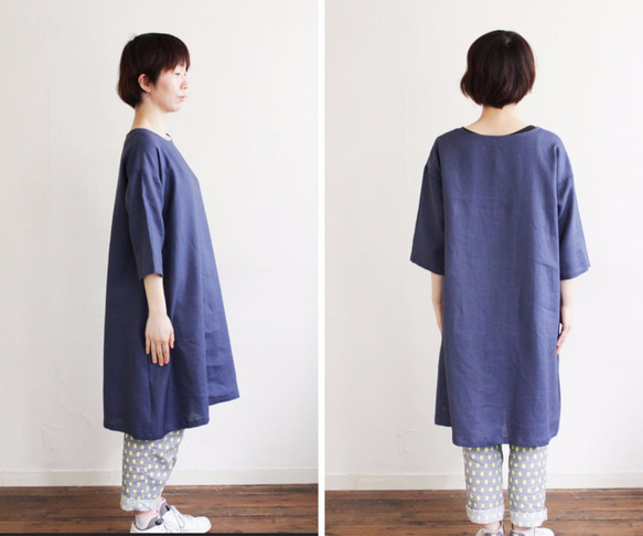 ● 麻質素色連衣裙 M~L 灰藍色 第3張的照片