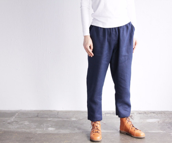 リネンのもんぺ　ダークネイビー リネンウールのもんぺ ネイビー ロングパンツ nuuMonpe 通販