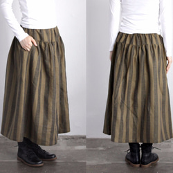 ●厚手リネン　ヨーク切り替えギャザースカート　（ストライプ＊グリーン） 3枚目の画像