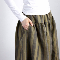 ●厚手リネン　ヨーク切り替えギャザースカート　（ストライプ＊グリーン） 4枚目の画像