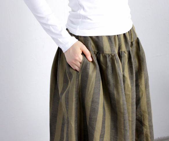 ●厚手リネン　ヨーク切り替えギャザースカート　（ストライプ＊グリーン） 4枚目の画像
