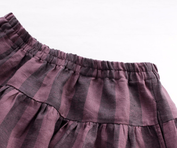 ●リネン　ヨーク切り替えギャザースカート　（ストライプ＊ボルドー） 5枚目の画像