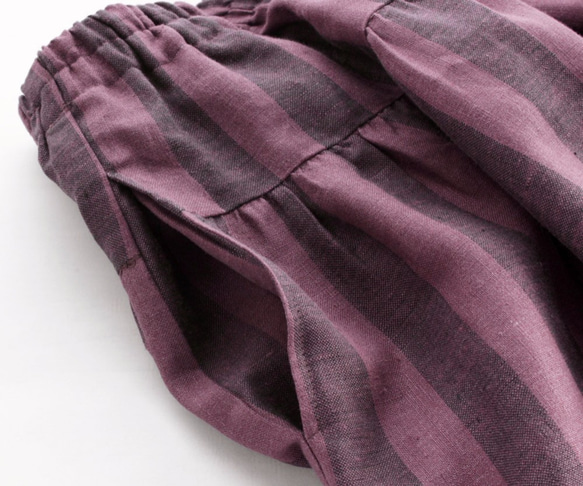 ●リネン　ヨーク切り替えギャザースカート　（ストライプ＊ボルドー） 6枚目の画像