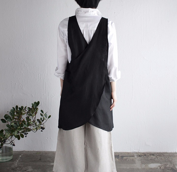 亞麻織物圍裙（黑色） 第4張的照片