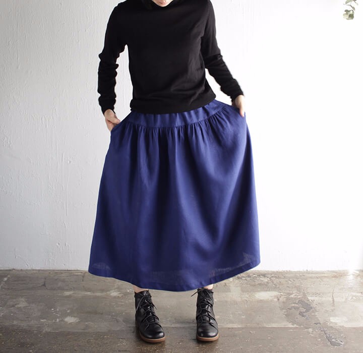 ○リネン ヨーク切り替えギャザースカート （ネイビー） ロング