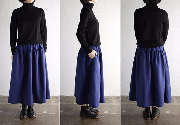 ●リネン ヨーク切り替えギャザースカート （ネイビー） 3枚目の画像