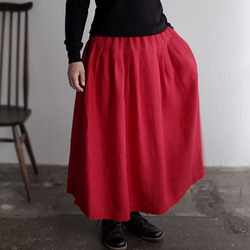 ●亞麻制軛式開衩裙（紅） 第3張的照片