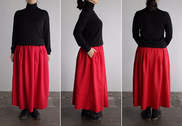 ●亞麻制軛式開衩裙（紅） 第2張的照片