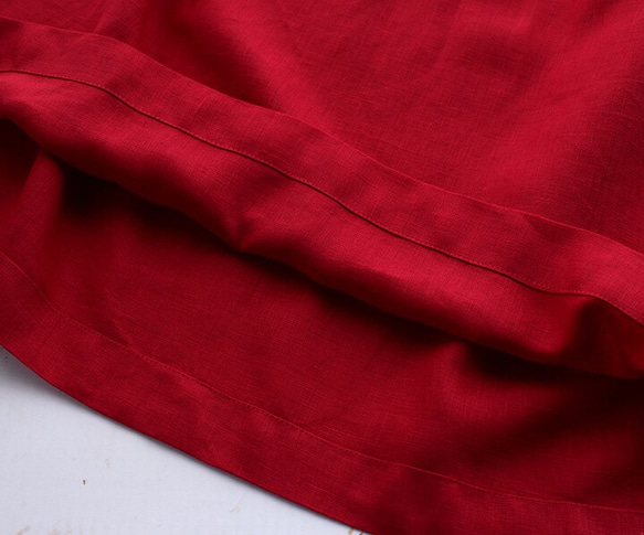 ●亞麻制軛式開衩裙（紅） 第6張的照片