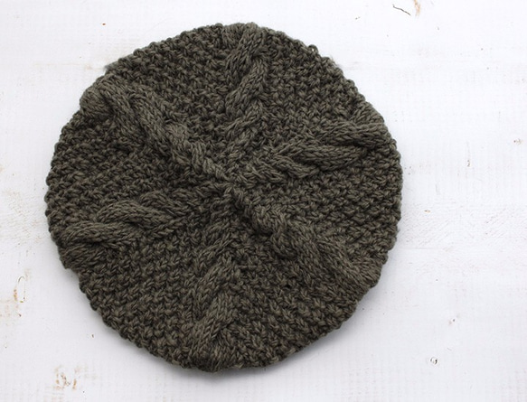 100％羊毛艾倫圖案針織貝雷帽（卡其色） 第2張的照片