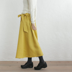 亞麻寬鬆尺寸緞帶裹裙（芥末*棕色） 第4張的照片