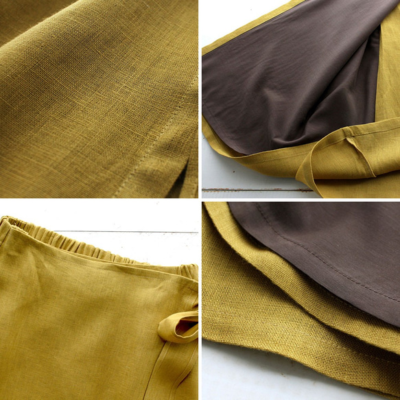 亞麻寬鬆尺寸緞帶裹裙（芥末*棕色） 第8張的照片
